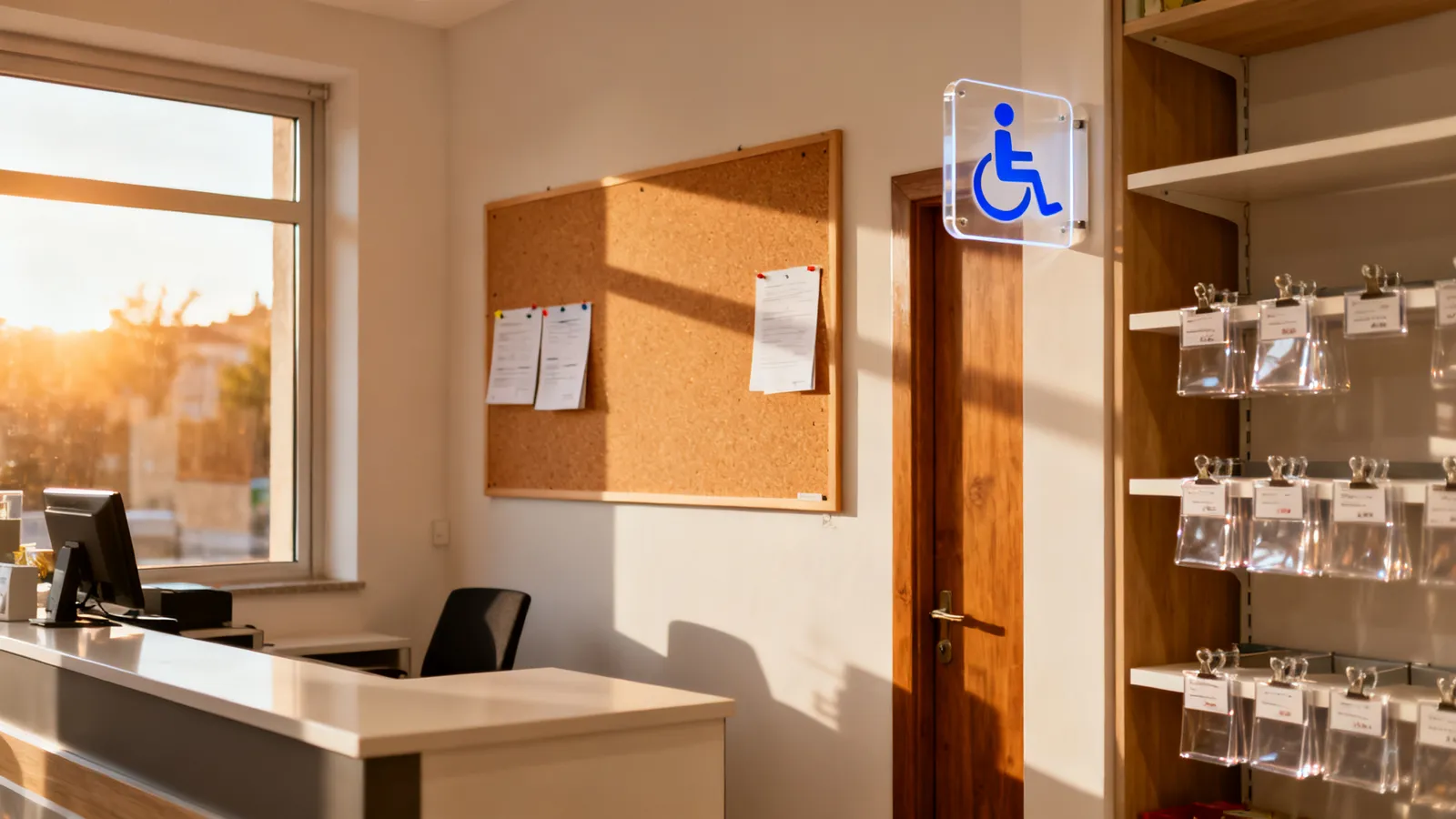 Interior de un comercio con un tablón de corcho en la pared, un cartel de accesibilidad junto a la puerta y portaprecios en las estanterías