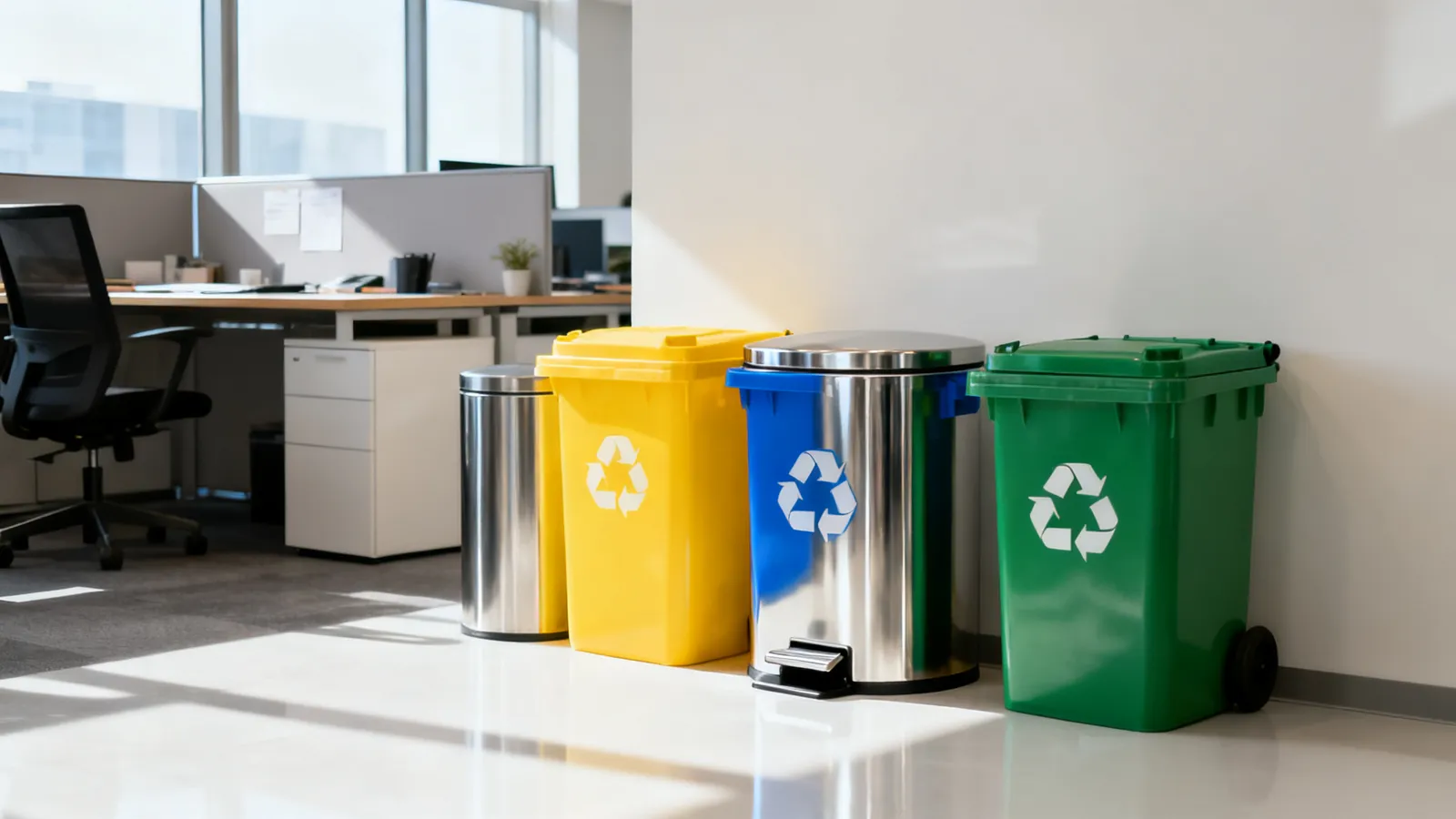 Oficina luminosa con una papelera metálica con pedal y una zona de reciclaje con contenedores de colores
