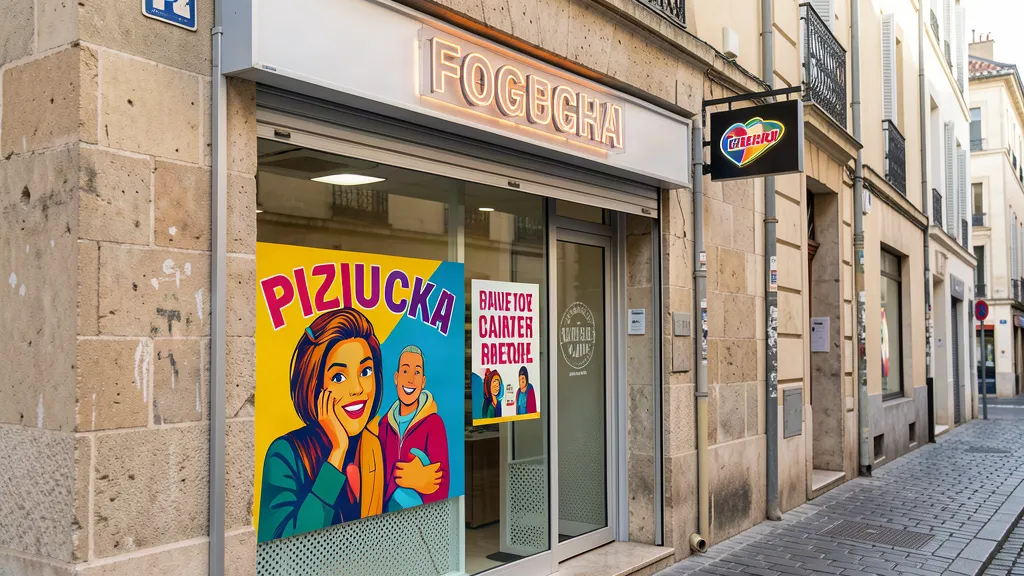 Escaparate de un comercio con vinilo impreso a todo color y rótulo luminoso LED de letras de caja sobre la fachada
