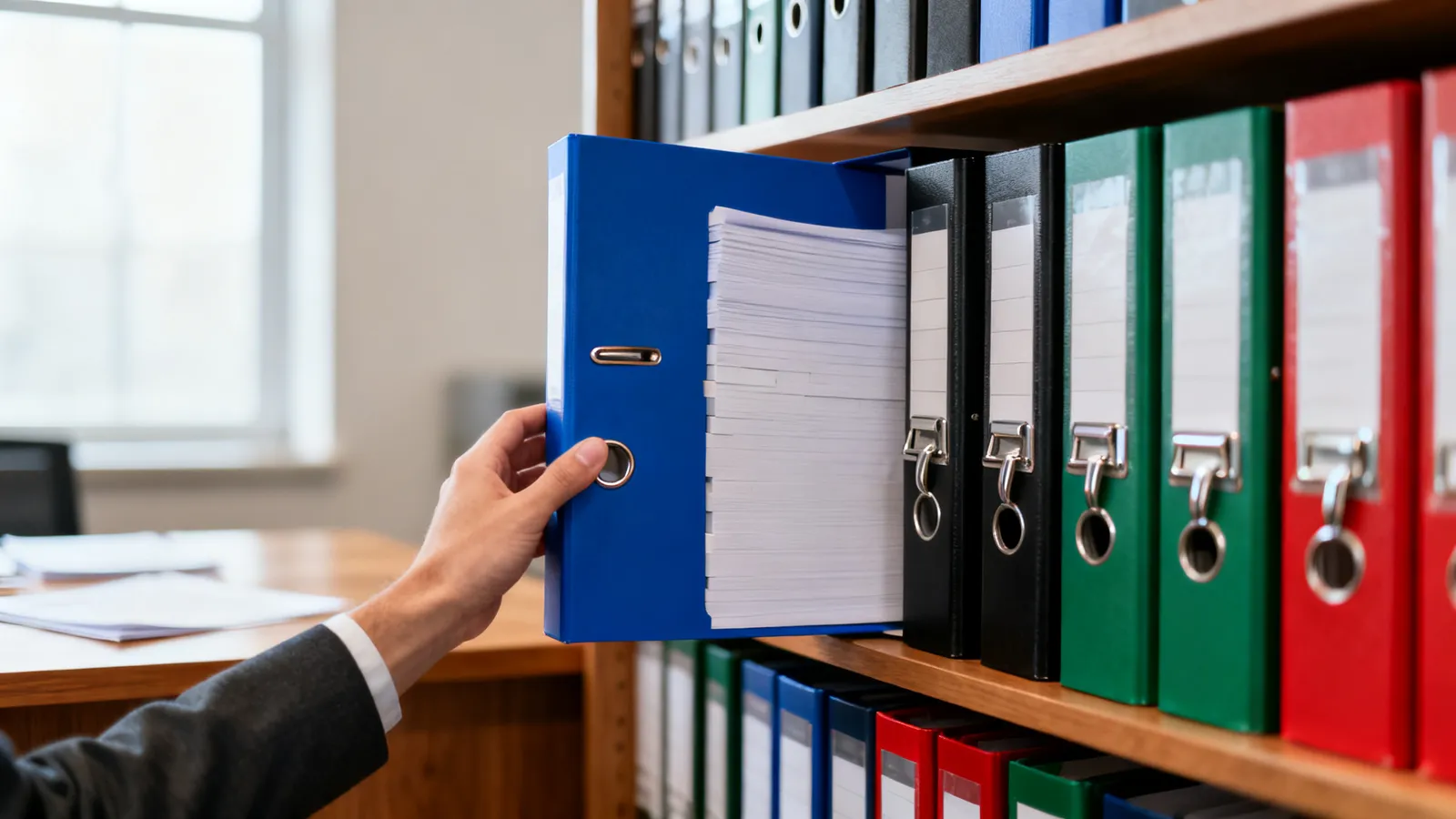 Estantería de oficina con archivadores de palanca de colores, uno de ellos a medio sacar por el ojal del lomo