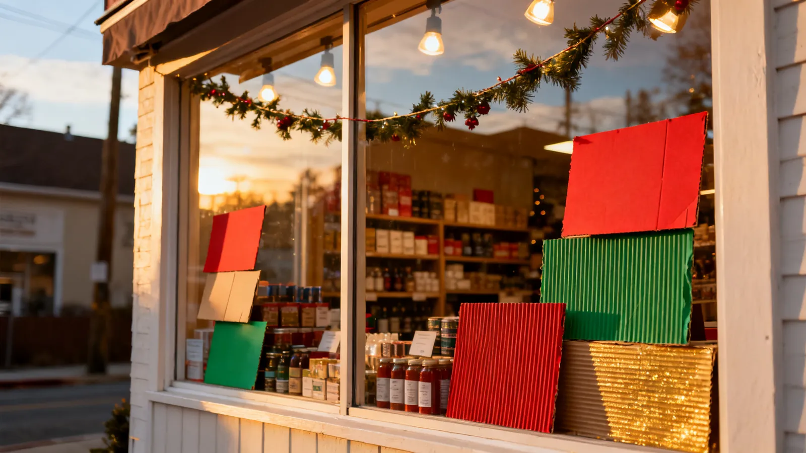 Escaparate de una tienda de barrio decorado para la campaña de Navidad, con carteles artesanales de cartulina a distintas alturas y luces cálidas sobre los productos