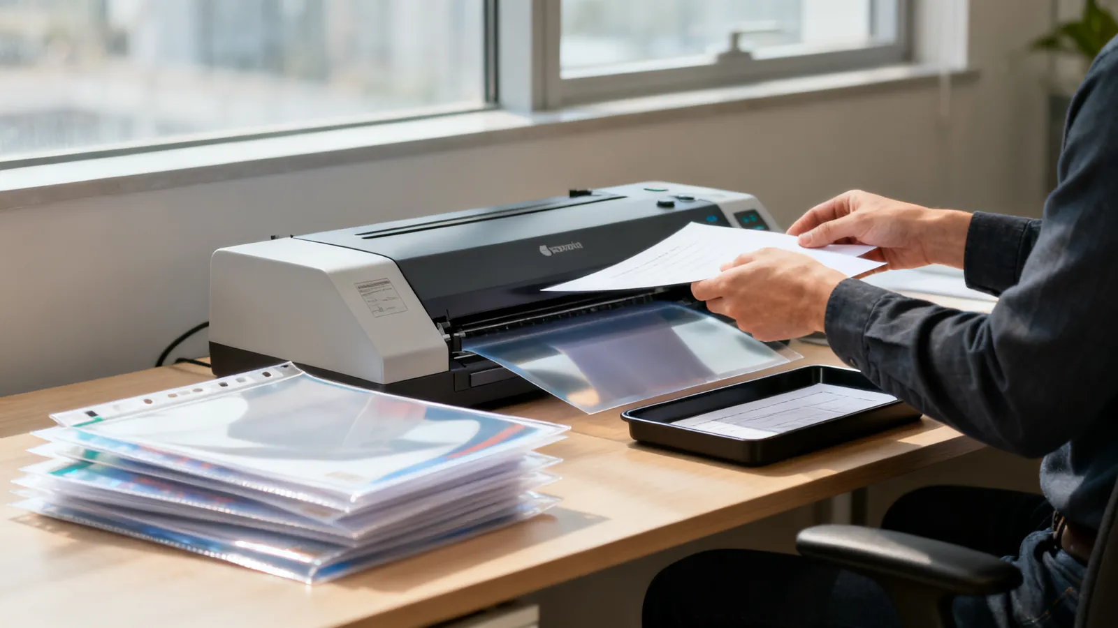 Persona pasando un folio A4 por una plastificadora de sobremesa en una mesa de oficina, con documentos plastificados apilados al lado