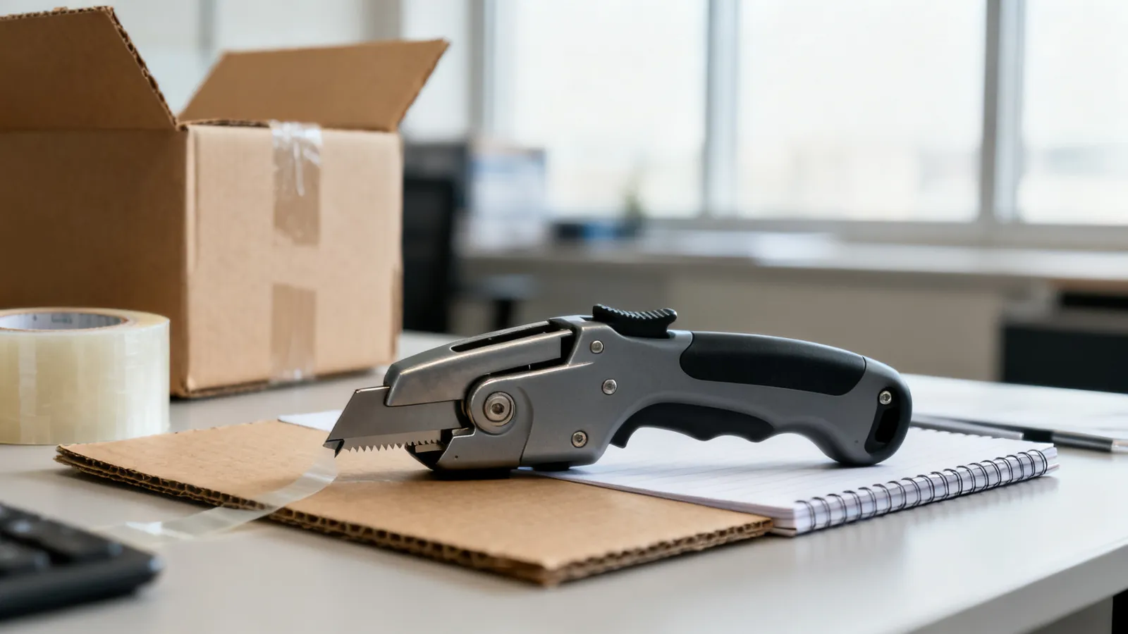 Cúter de seguridad sobre cajas de cartón en una mesa de oficina