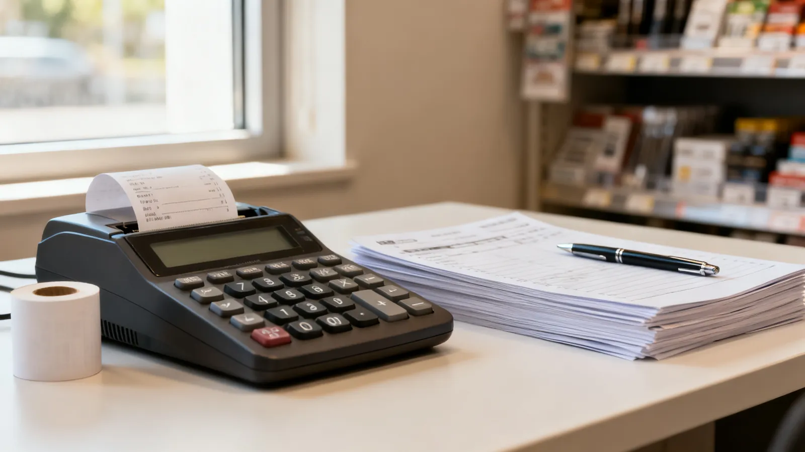 Calculadora de sobremesa sobre un escritorio de oficina junto a un rollo de papel de una calculadora impresora