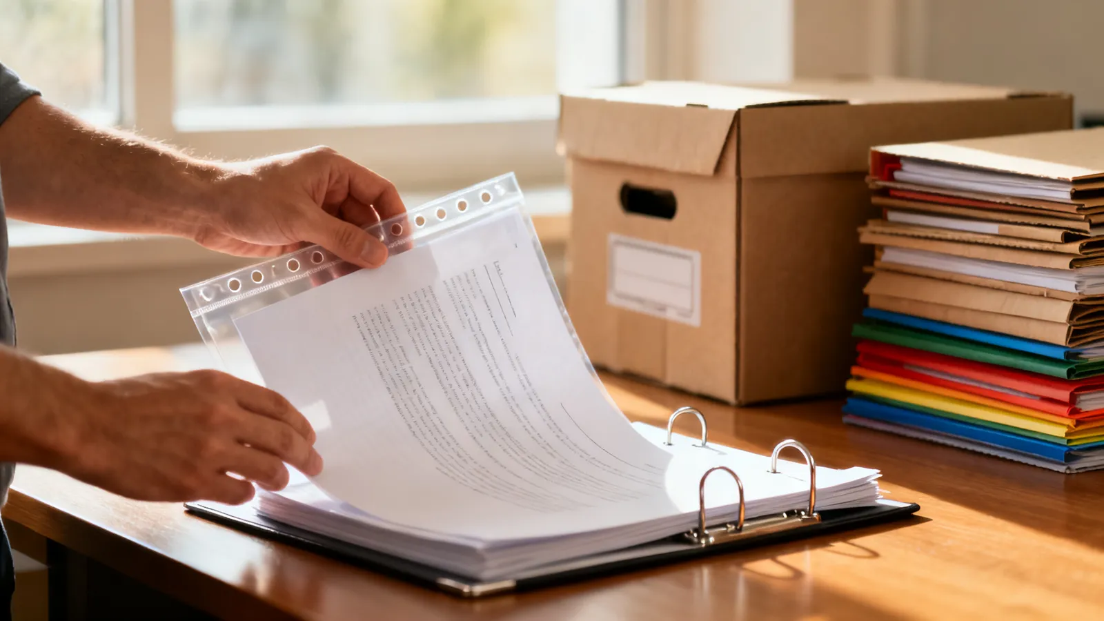 Manos introduciendo un documento A4 en una funda multitaladro transparente sobre un archivador de anillas, con cajas de archivo y carpetas al fondo