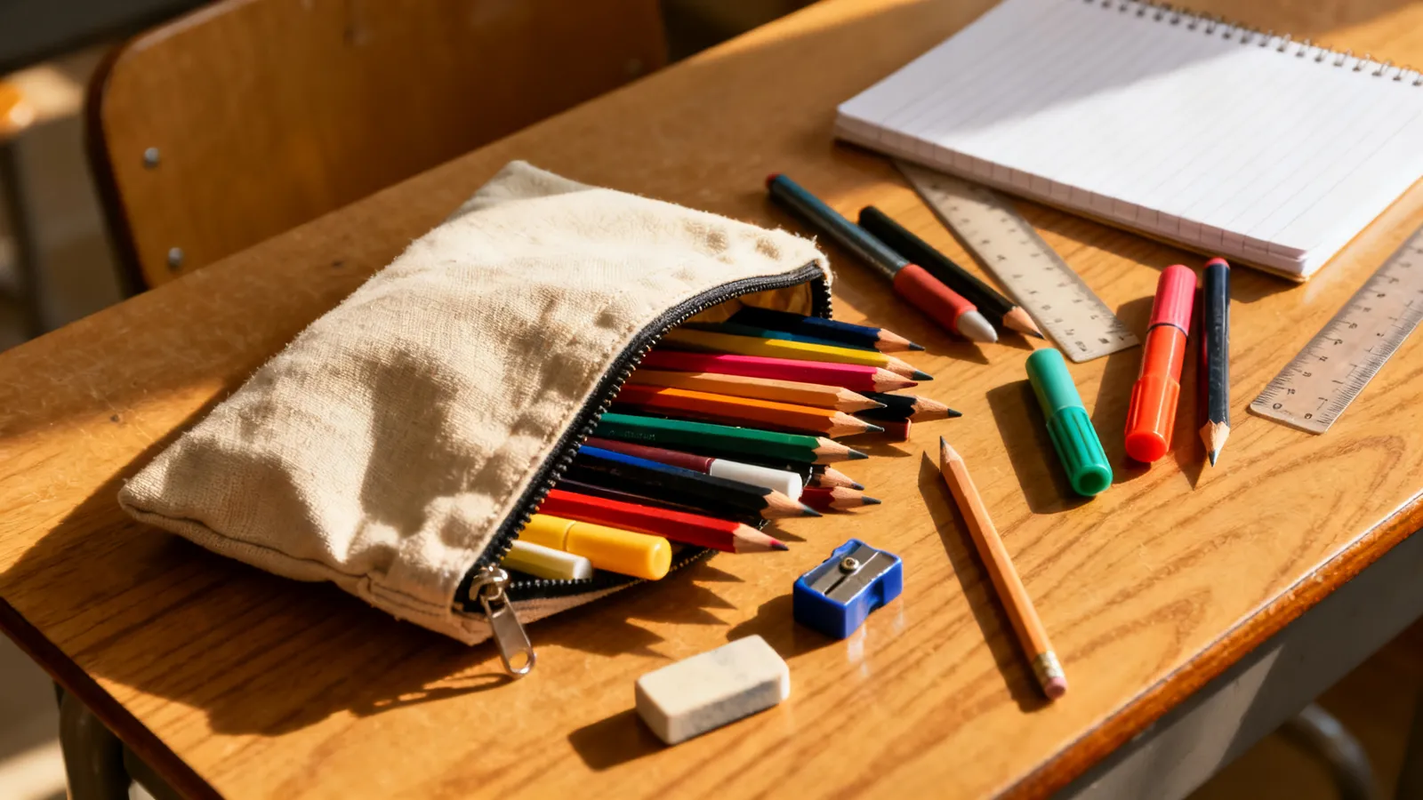 Estuche escolar abierto con lápices de colores, rotuladores y accesorios sobre una mesa de estudio
