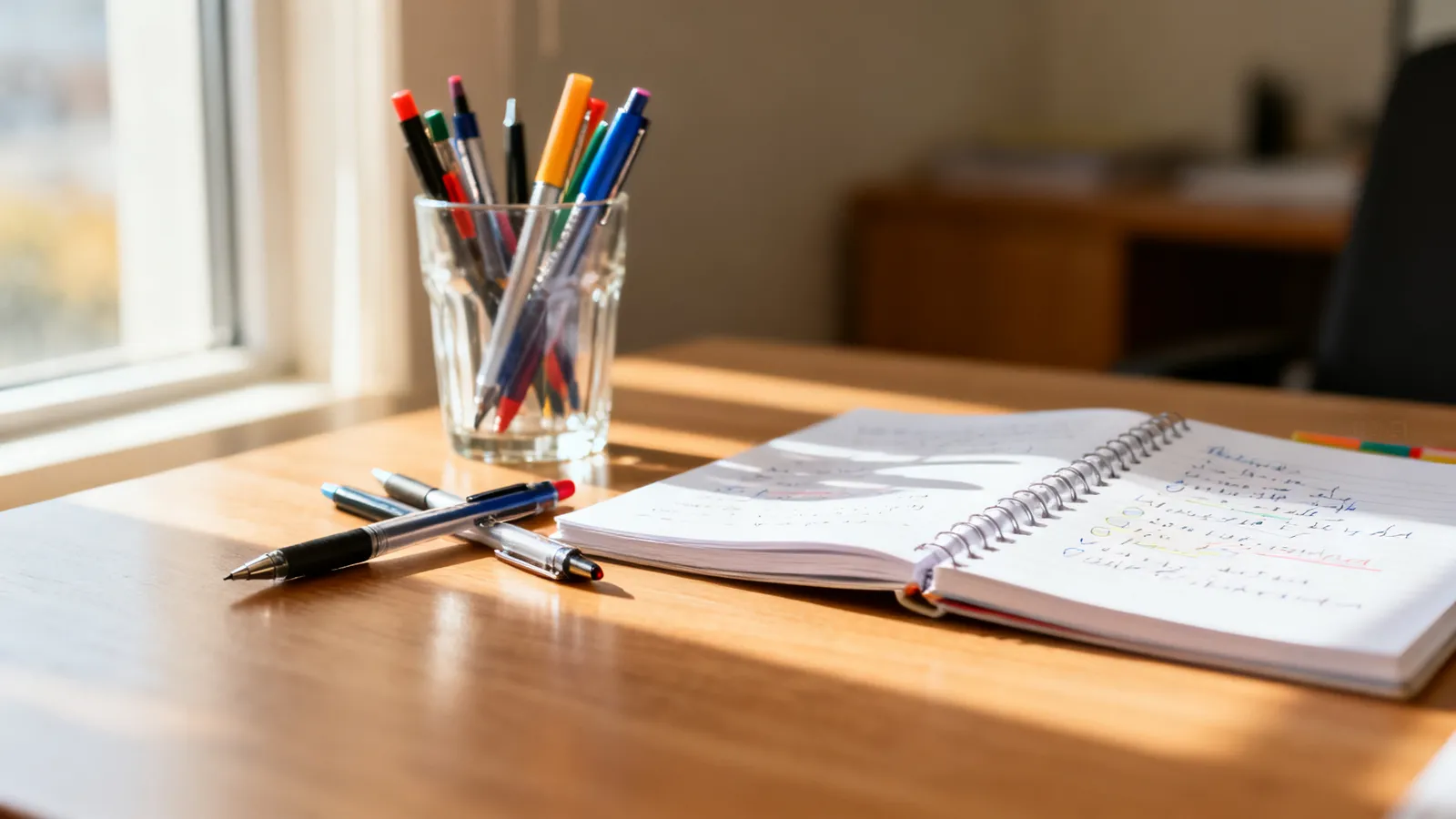 Primer plano de un vaso con bolígrafos de colores y una libreta abierta con notas escritas a mano sobre un escritorio de oficina con luz natural