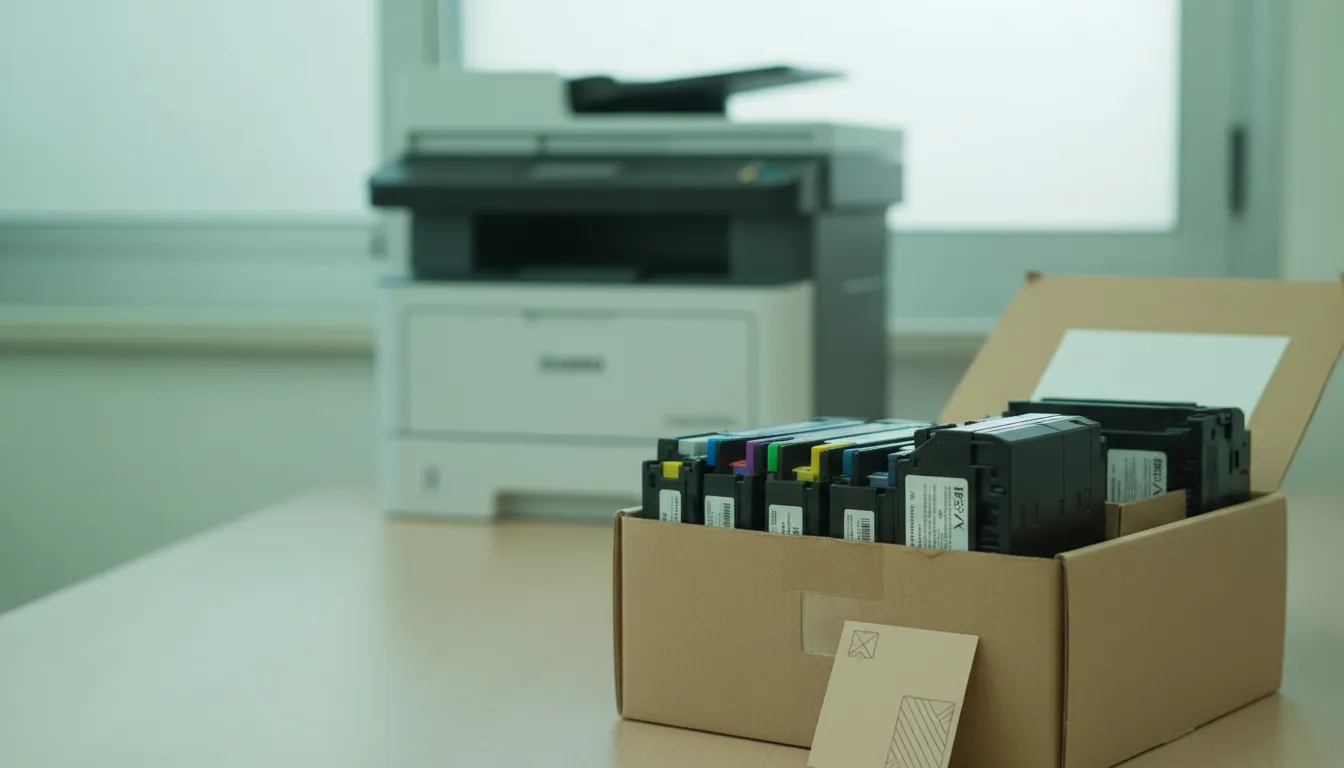 Caja de recogida con cartuchos vacíos junto a una impresora de oficina