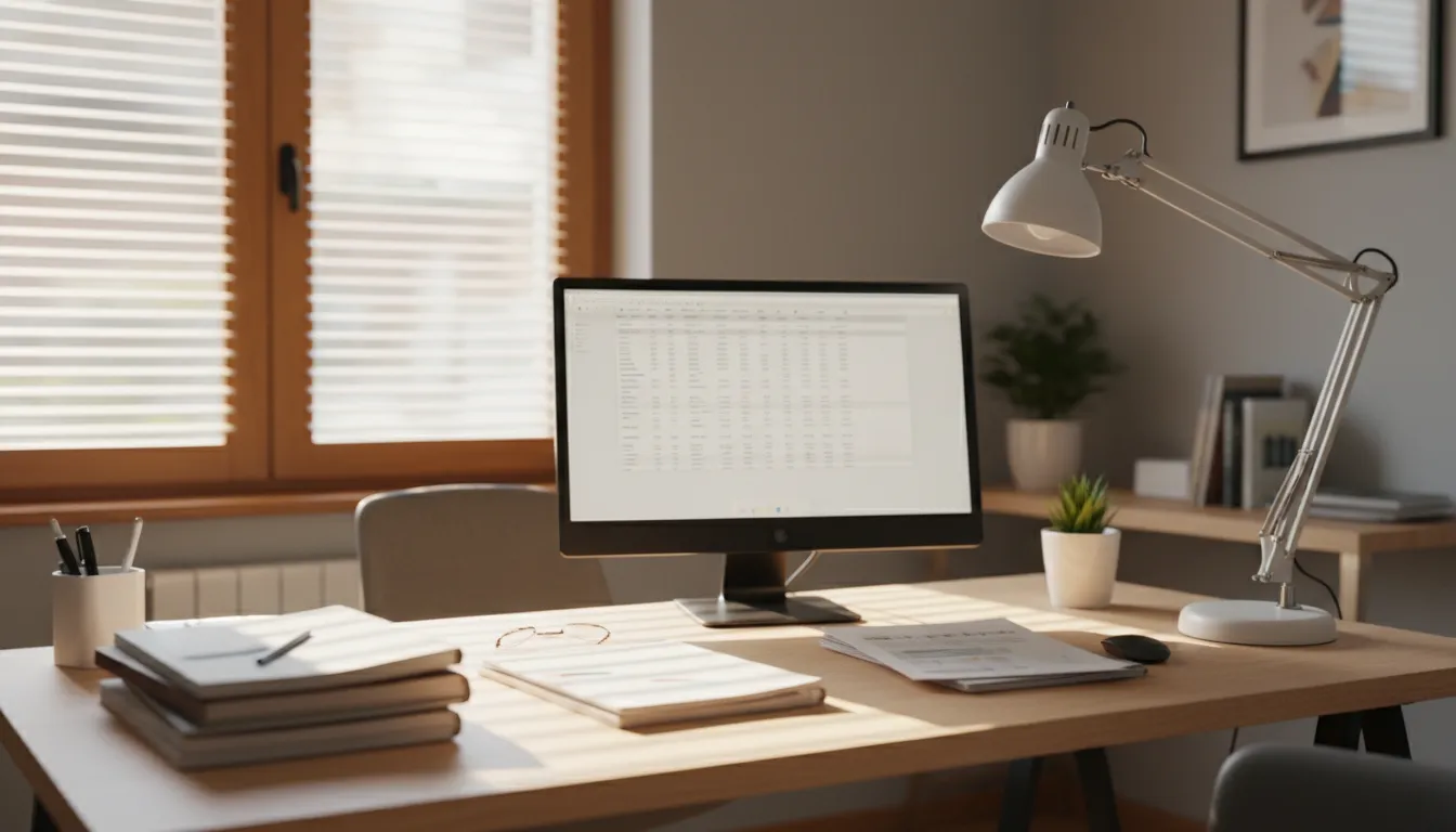 Puesto de oficina con monitor, documentos y lámpara orientable junto a una ventana