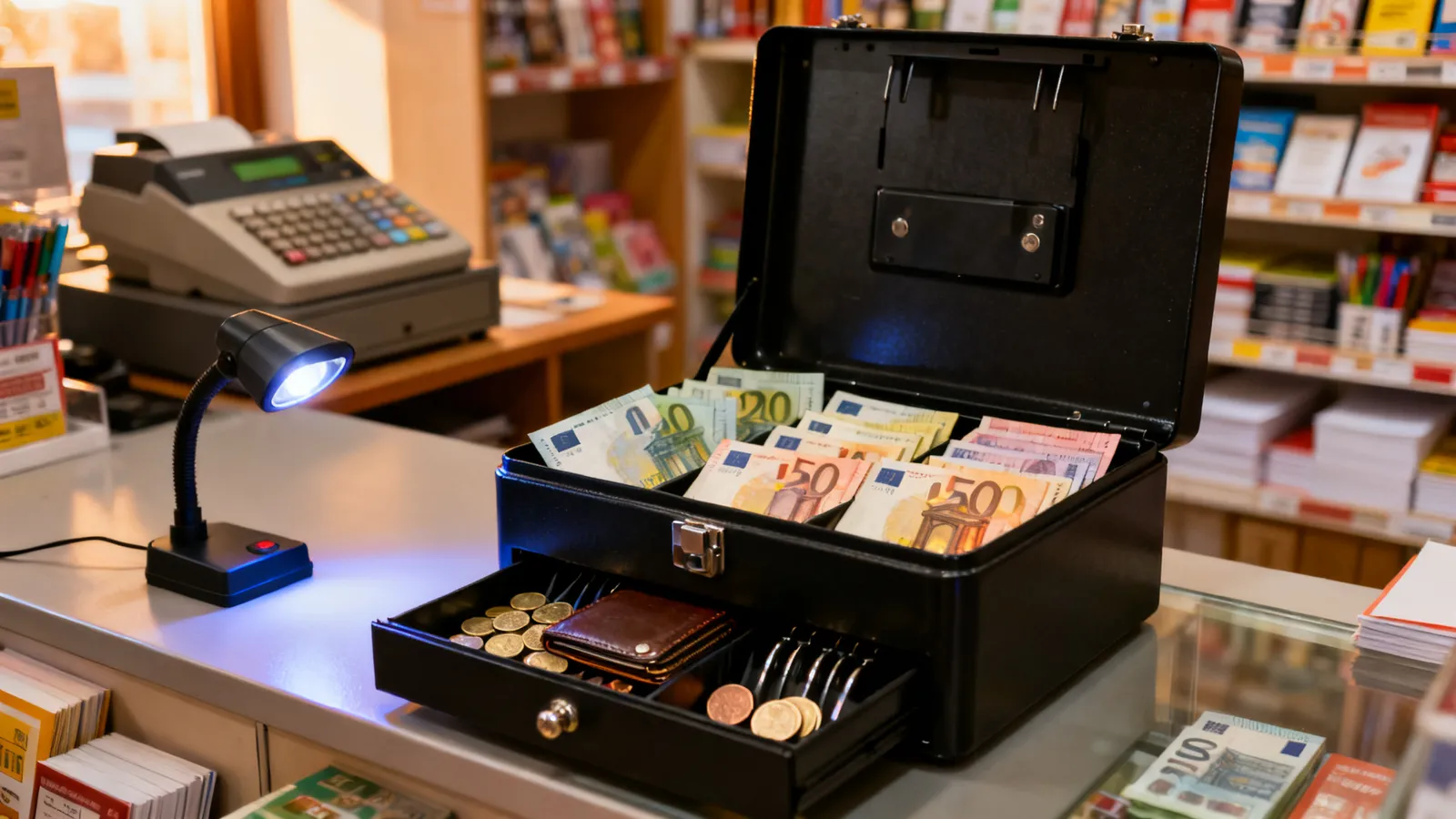 Caja de caudales metálica abierta con billetes de euro ordenados y un portamonedas con monedas sobre el mostrador de un pequeño comercio, junto a una lámpara detectora de billetes falsos encendida.