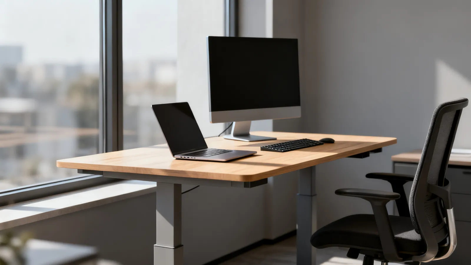 Mesa de oficina de altura regulable en madera clara frente a una ventana, con portátil, monitor y silla ergonómica
