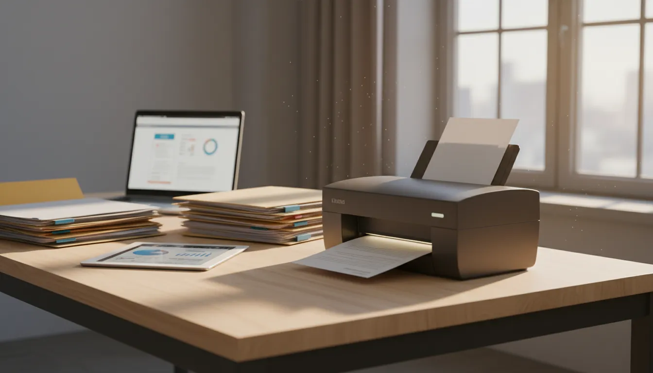 Escritorio de oficina luminoso con un escáner de documentos encendido, carpetas de papel abiertas y una tablet y un portátil mostrando documentos digitales en pantalla.