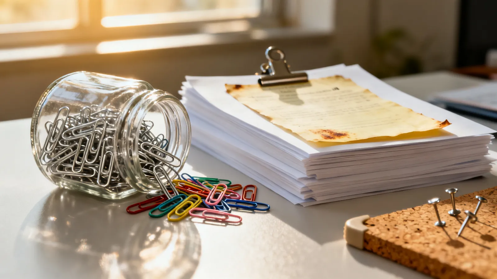 Bote de clips niquelados y de colores sobre una mesa de oficina, junto a folios sujetos con un clip metálico y un documento antiguo con la marca de óxido