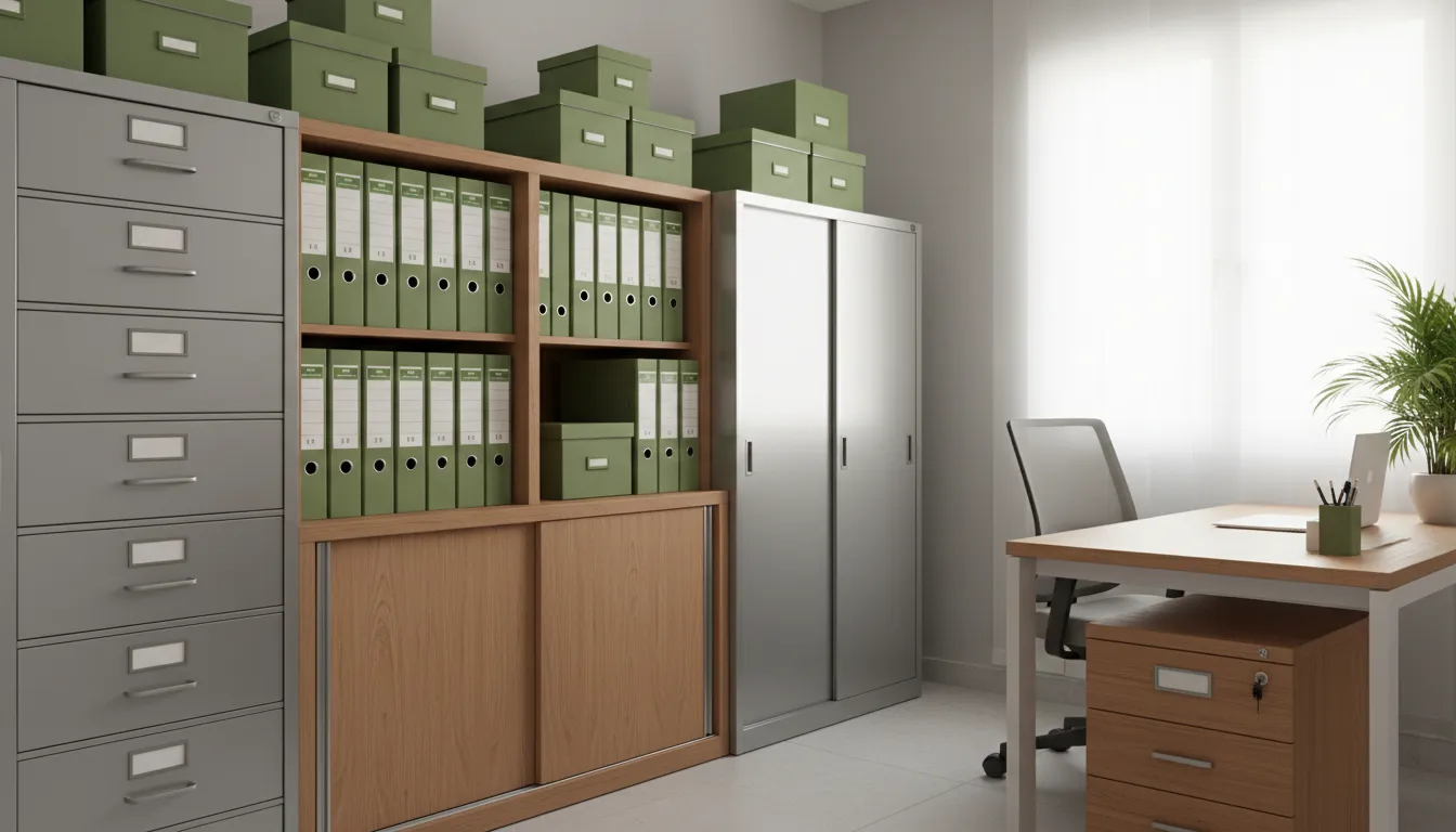 Oficina ordenada con archivadores, armario de archivo y cajas de documentos