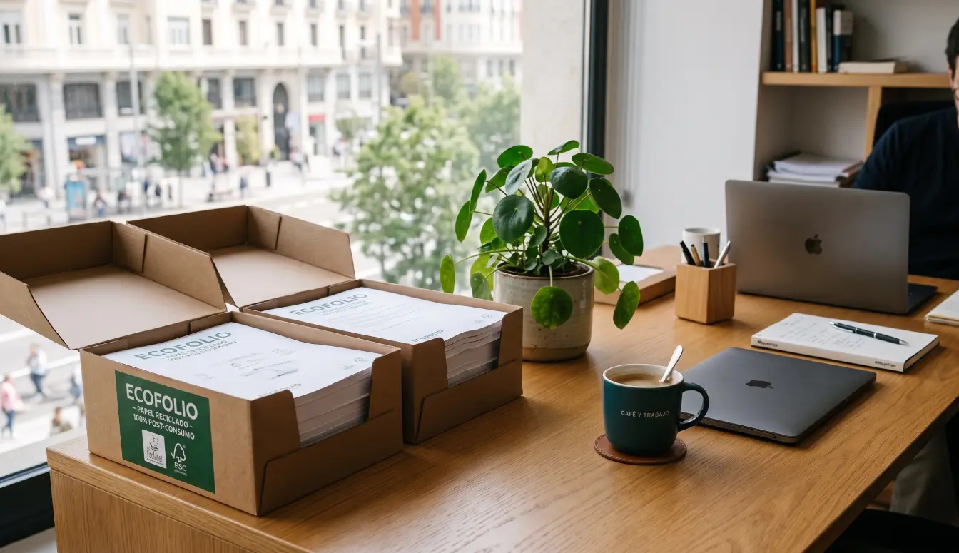 Mesa de oficina con cajas de folios abiertas, una con etiqueta ecológica visible, junto a una planta y una taza de café, a la luz natural.