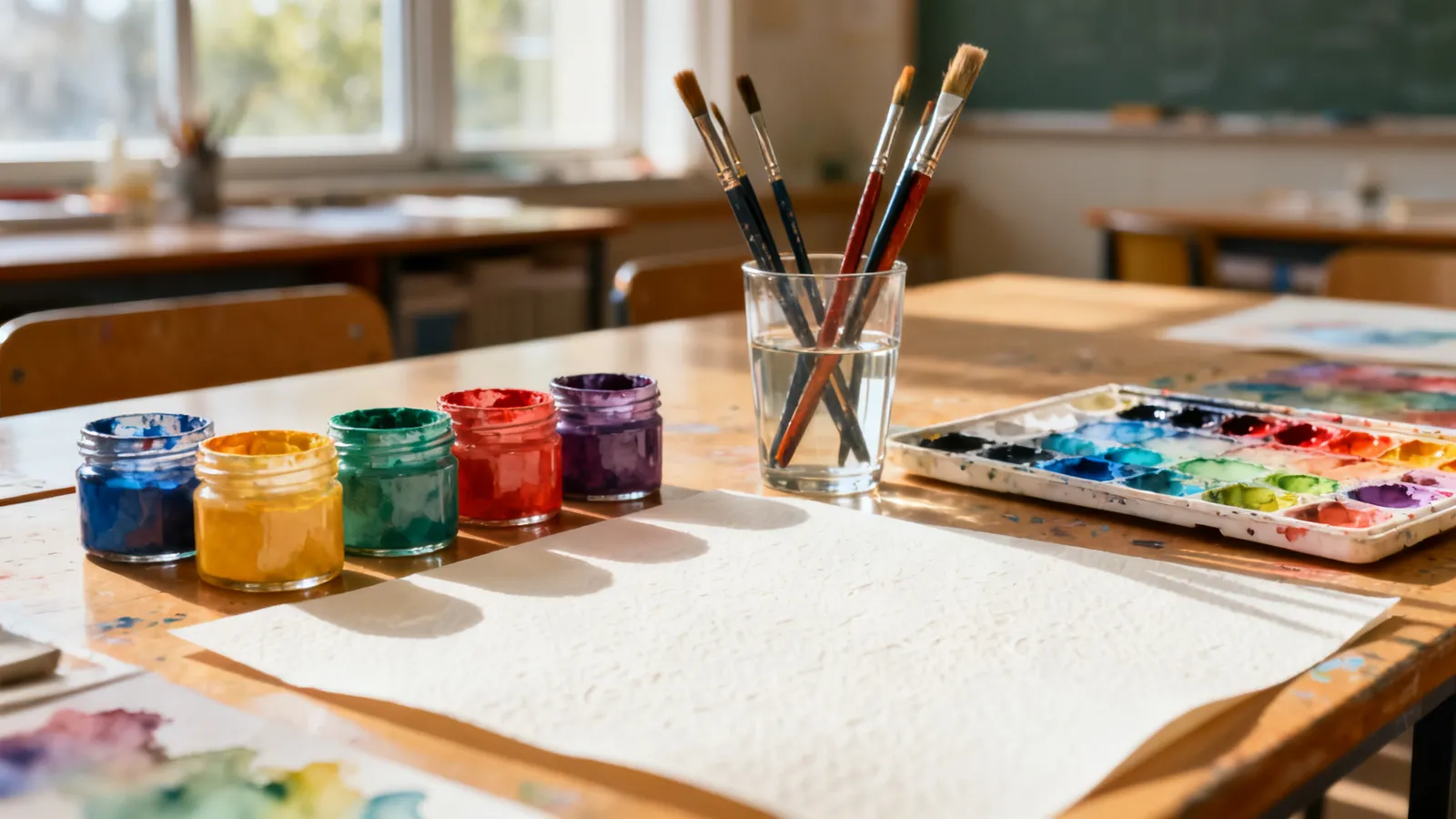 Mesa de aula con botes de témpera y gouache de colores, una paleta de acuarela, pinceles en un vaso con agua y una hoja de papel de acuarela grueso