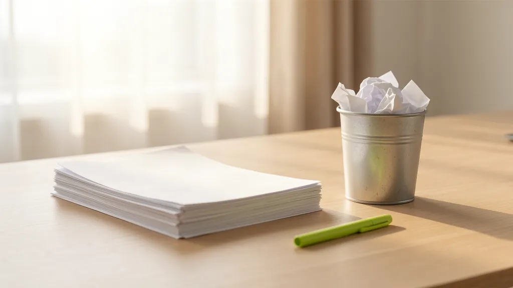 Pila de papel junto a una papelera con hojas arrugadas, sobre un escritorio.