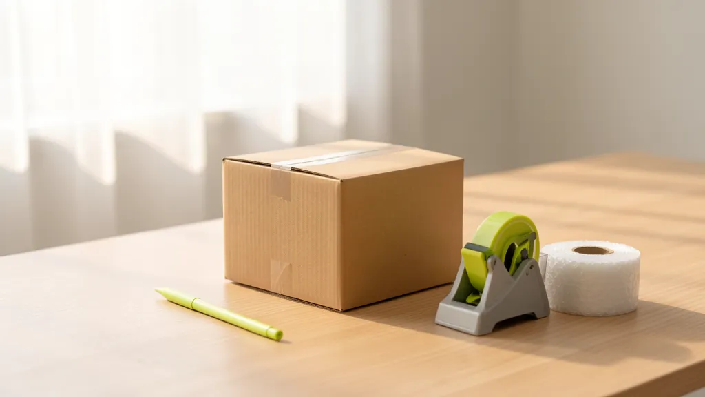 Caja de cartón para envío sobre un escritorio, junto a cinta adhesiva y plástico de burbujas.