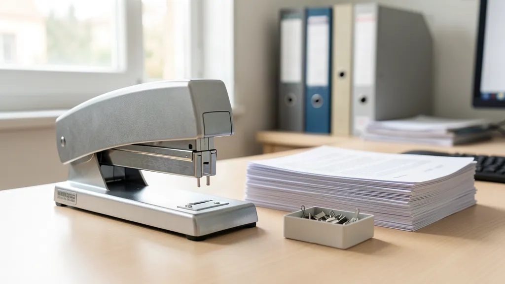 Grapadora metálica profesional junto a documentos A4 y un archivador en un escritorio de oficina