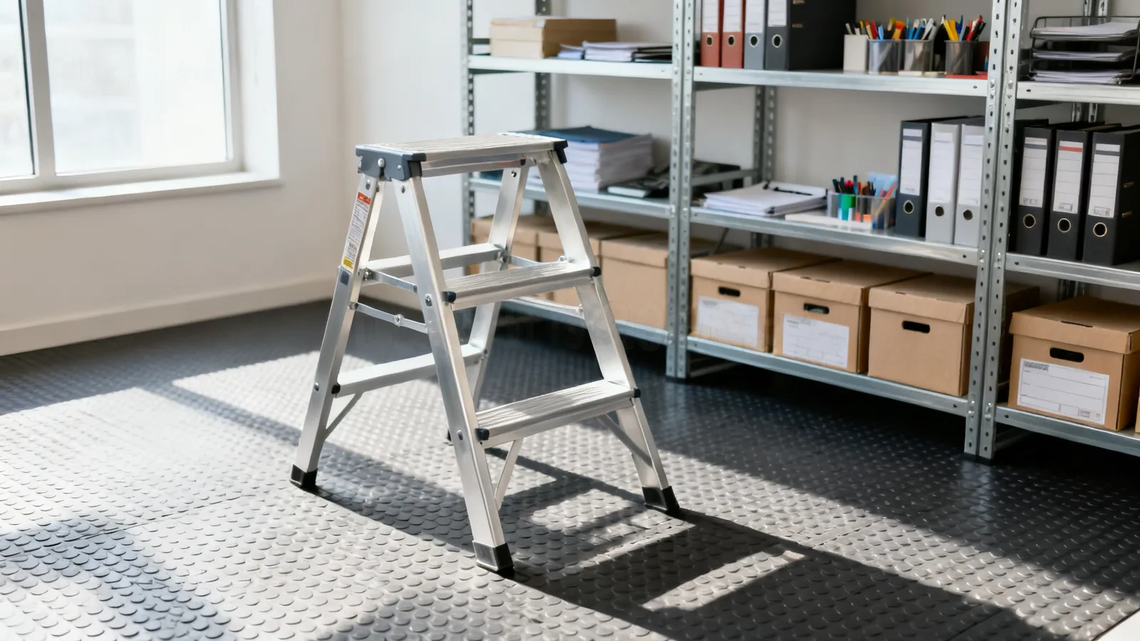 Escalera de tijera de aluminio abierta junto a una estantería de oficina con cajas de archivo en los estantes altos