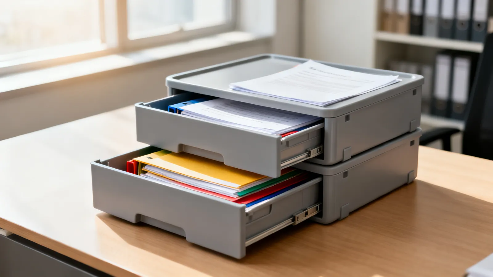 Módulos de cajones de sobremesa apilables con documentos A4 y subcarpetas sobre un escritorio de oficina
