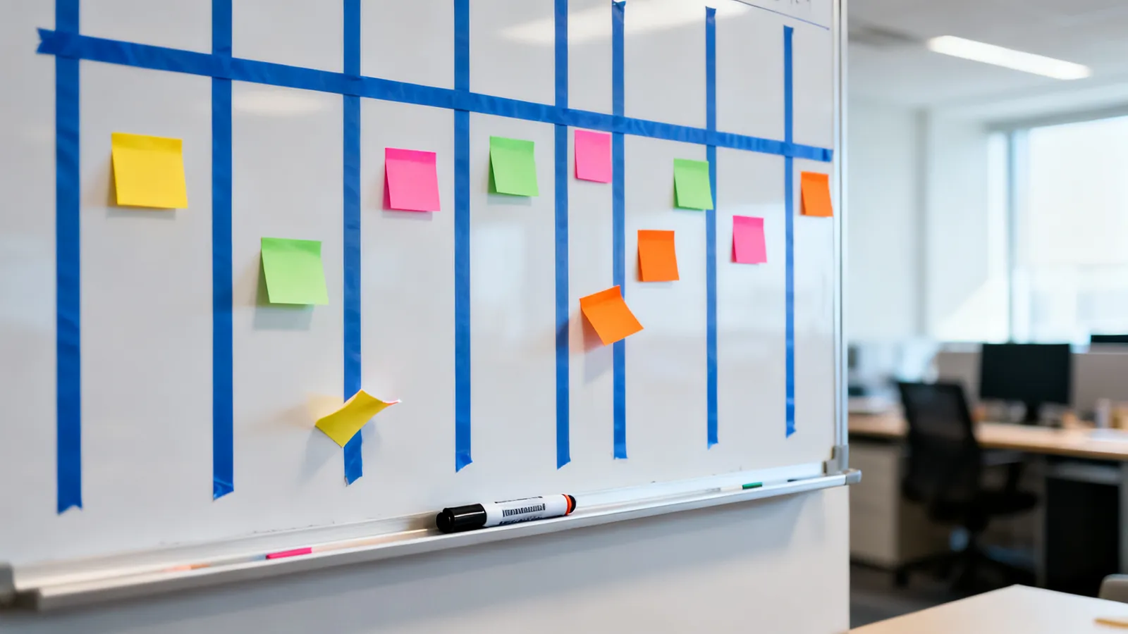 Tablón kanban de gestión visual en una oficina con columnas de cinta y notas adhesivas de colores sobre una pizarra blanca