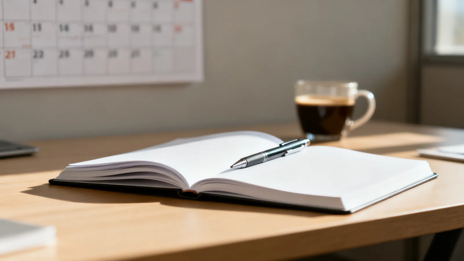 Agenda de escritorio abierta sobre una mesa de oficina junto a un bolígrafo y un calendario de pared al fondo