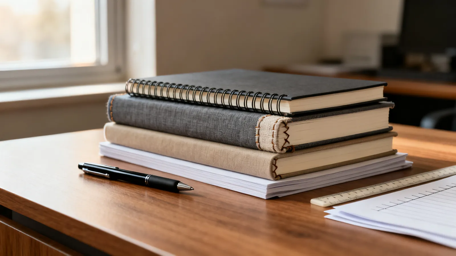Cuadernos A4 de espiral y cosidos apilados sobre un escritorio de madera junto a un bolígrafo y hojas sueltas