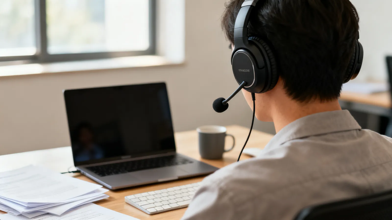 Persona trabajando en una oficina con auriculares de diadema con micrófono durante una videollamada