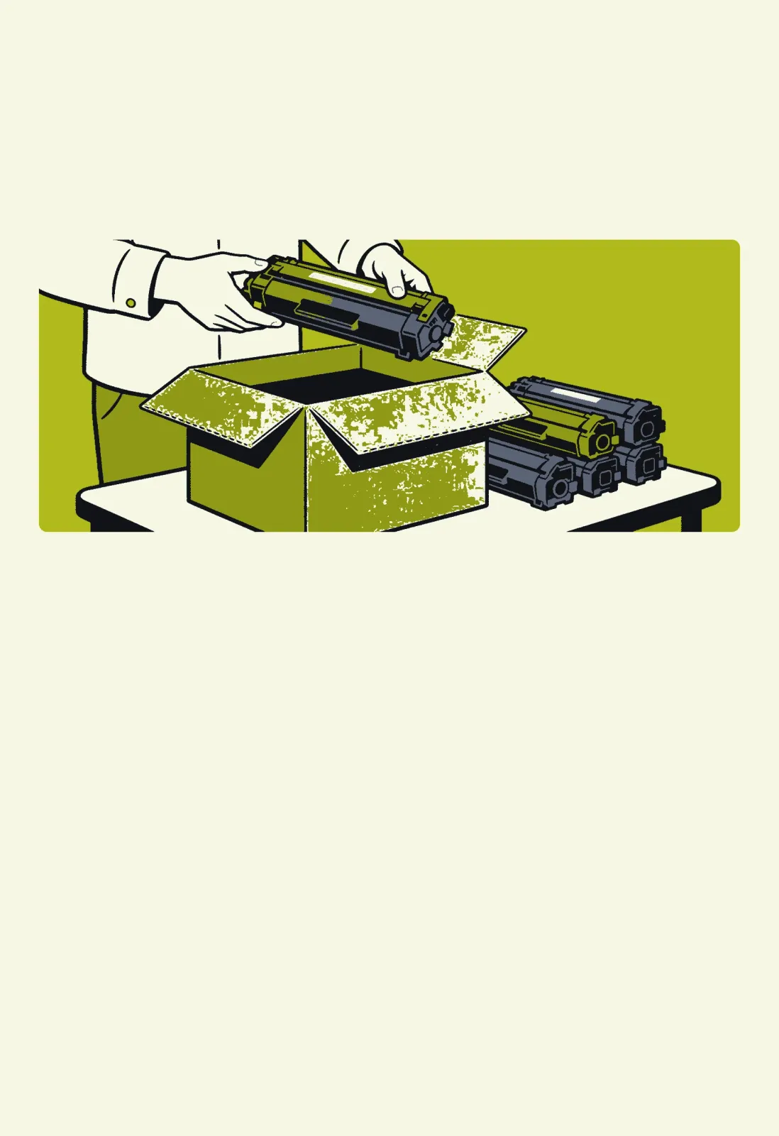 Diez cartuchos dibujados: solo 2 de cada 10 se reutilizan; reutilizar, remanufacturar y reciclar no son lo mismo
