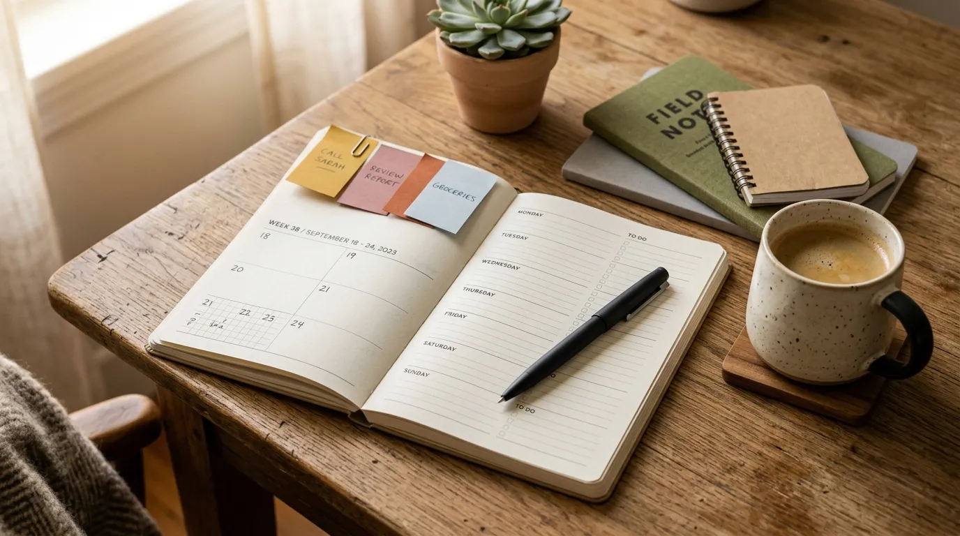 Escritorio de madera con una agenda de papel abierta, un boligrafo, cuadernos, una taza de cafe y notas adhesivas de colores con luz de manana