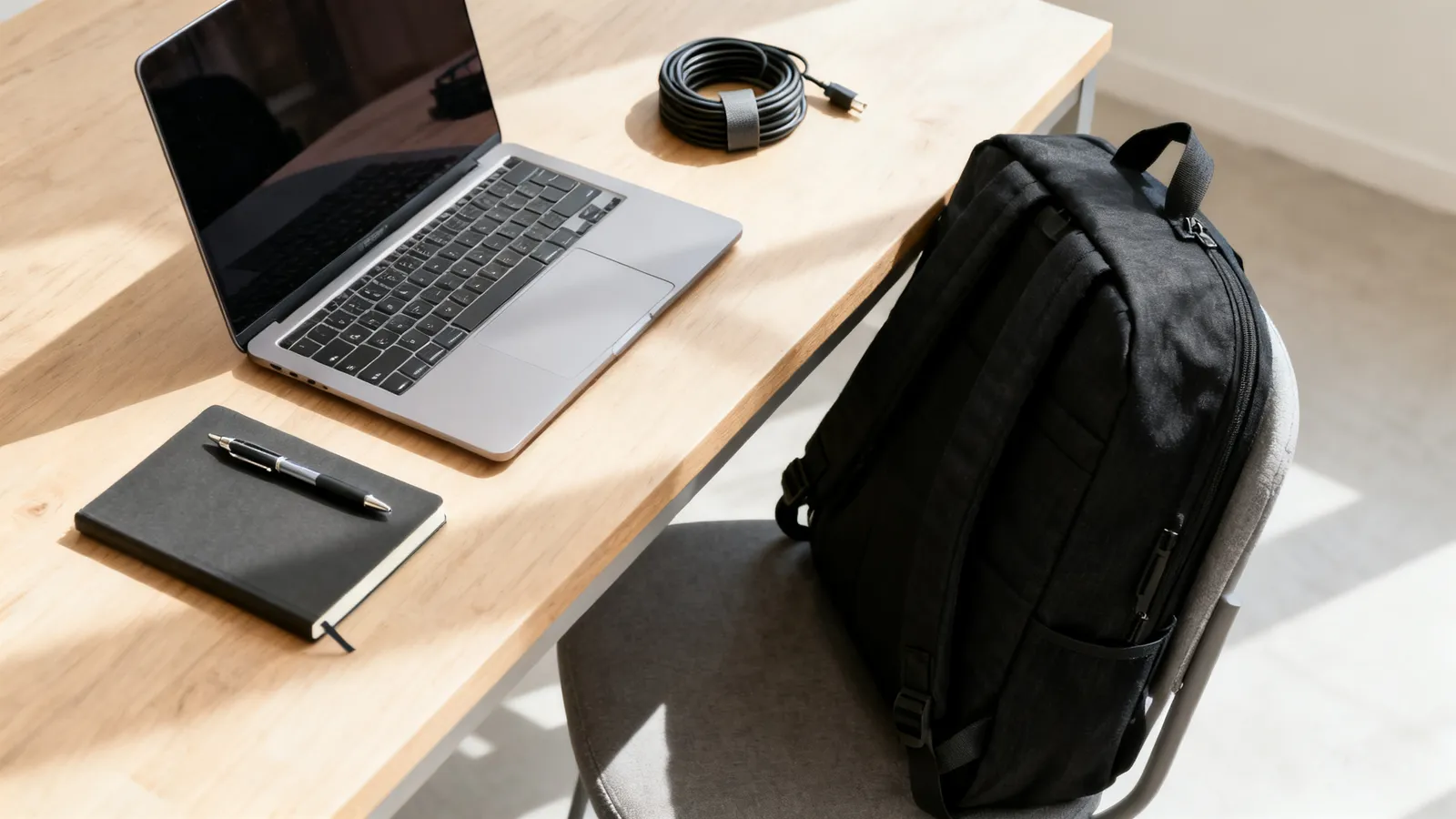 Mochila para portátil y material de oficina sobre una mesa de madera junto a un ordenador