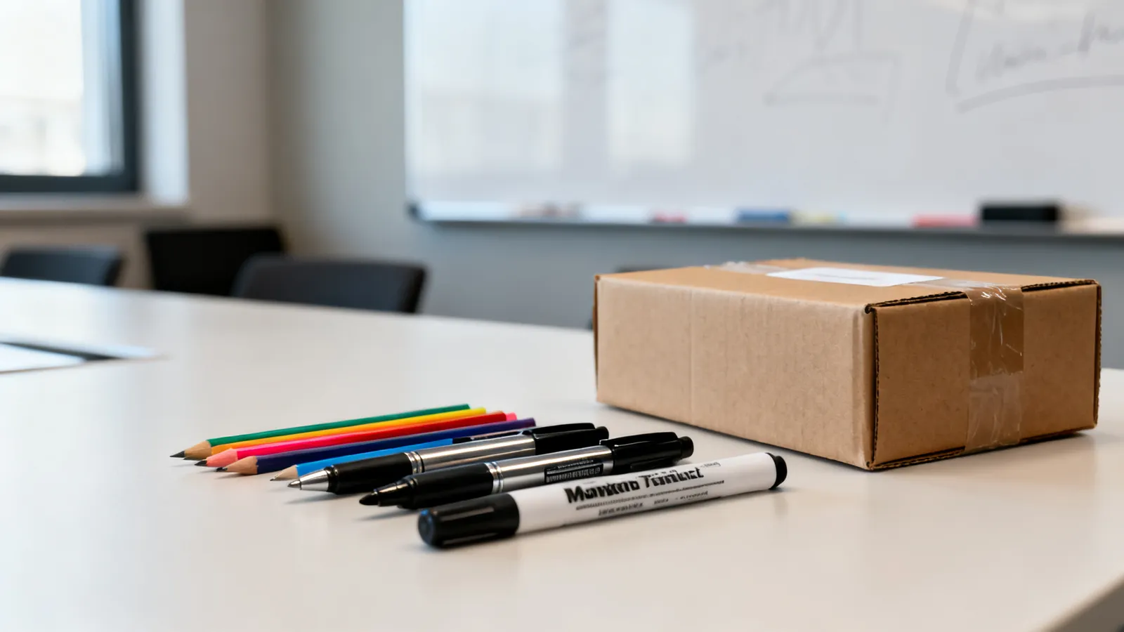 Varios rotuladores de fibra, permanentes y de pizarra sobre un escritorio de oficina junto a una caja de cartón por rotular, con una pizarra blanca desenfocada al fondo