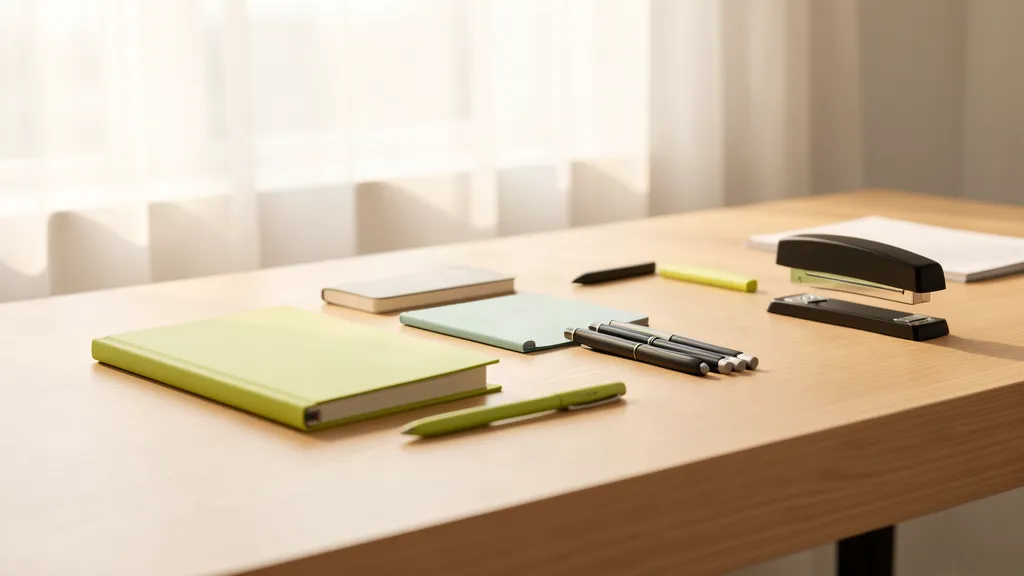 Variedad de material de oficina y papelería dispuesta sobre una mesa para comparar antes de comprar.