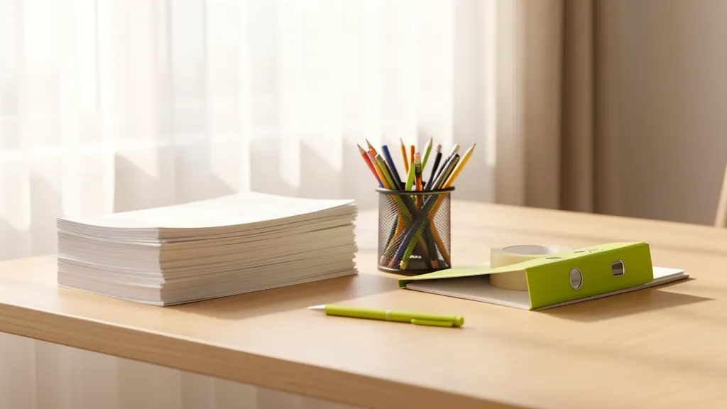 Material de oficina básico organizado sobre un escritorio de madera: papel, bolígrafos, carpeta y cinta.