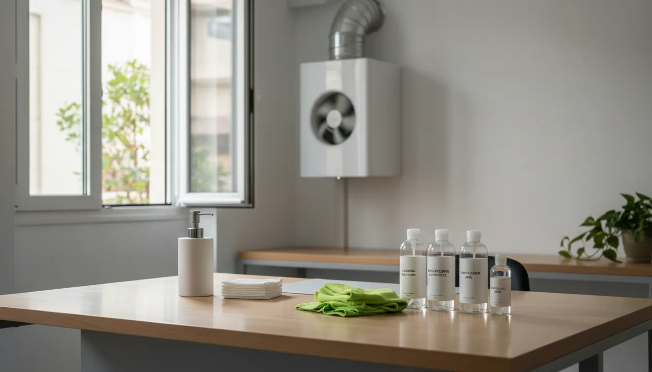 Mesa de oficina con productos de higiene, paños y dispensador de jabón junto a una ventana abierta