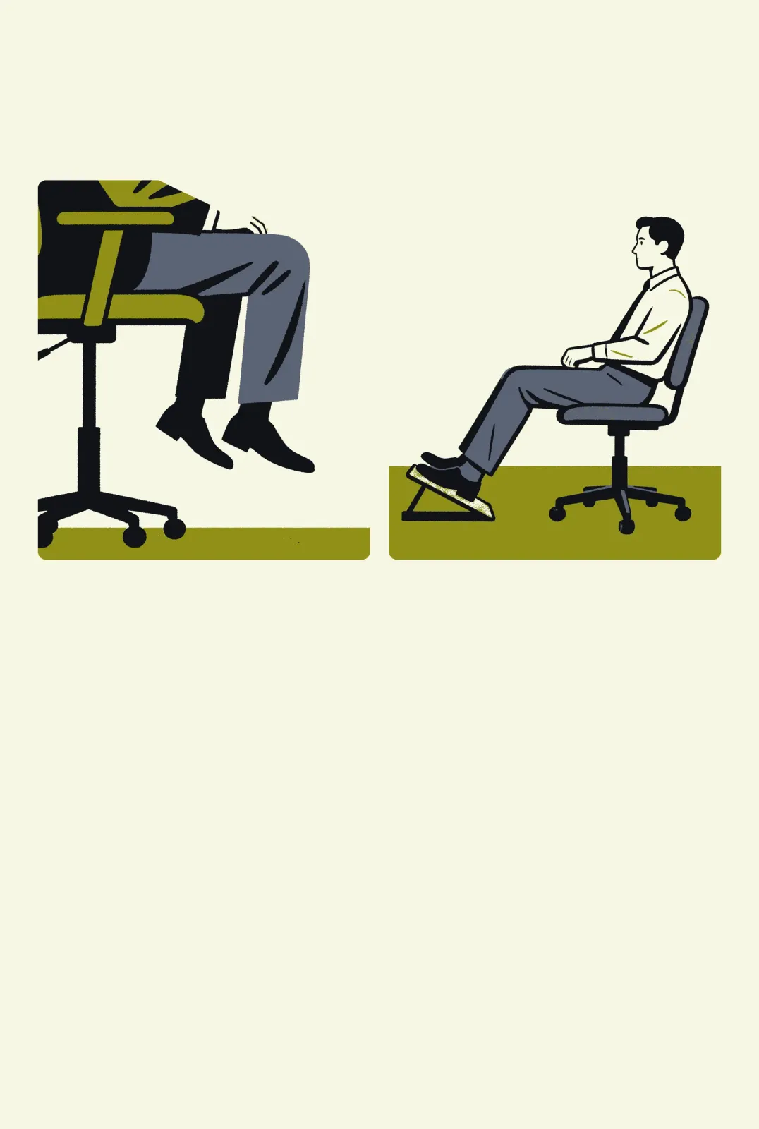 Infografía comparativa antes/después de la postura sentada: a la izquierda, con los pies colgando, el pie queda sin apoyo, el peso se va al borde del asiento y la zona lumbar trabaja de más; a la derecha, con los pies sobre un reposapiés, los muslos quedan paralelos al suelo y las rodillas a la altura de la cadera, con el hueco hasta el suelo cerrado entre 8,5 y 13,5 cm