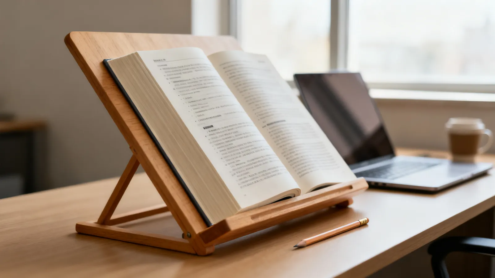Atril de sobremesa de madera con un libro abierto sobre un escritorio junto a la ventana