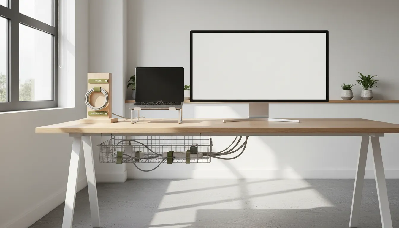 Mesa de oficina con portátil, monitor y cables USB-C organizados en una estación de carga