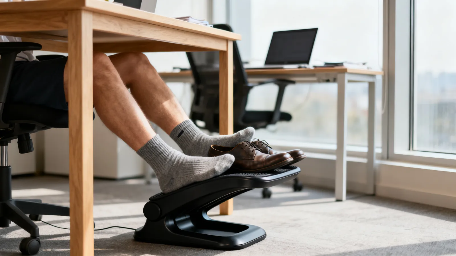 Persona sentada en una silla de oficina con los pies apoyados en un reposapiés ergonómico bajo el escritorio