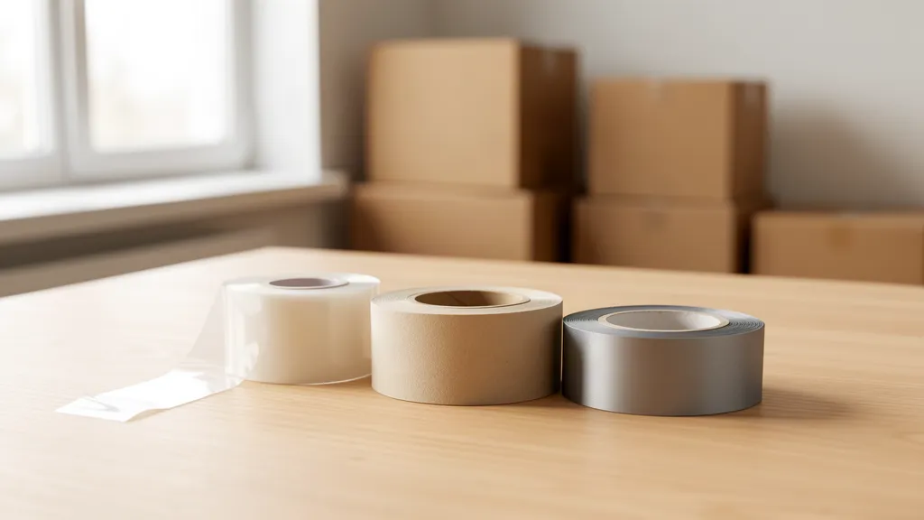 Varios rollos de cinta adhesiva (celofán transparente, cinta de pintor beige, americana gris reforzada y doble cara) sobre una mesa de oficina de madera, con cajas de cartón desenfocadas al fondo.