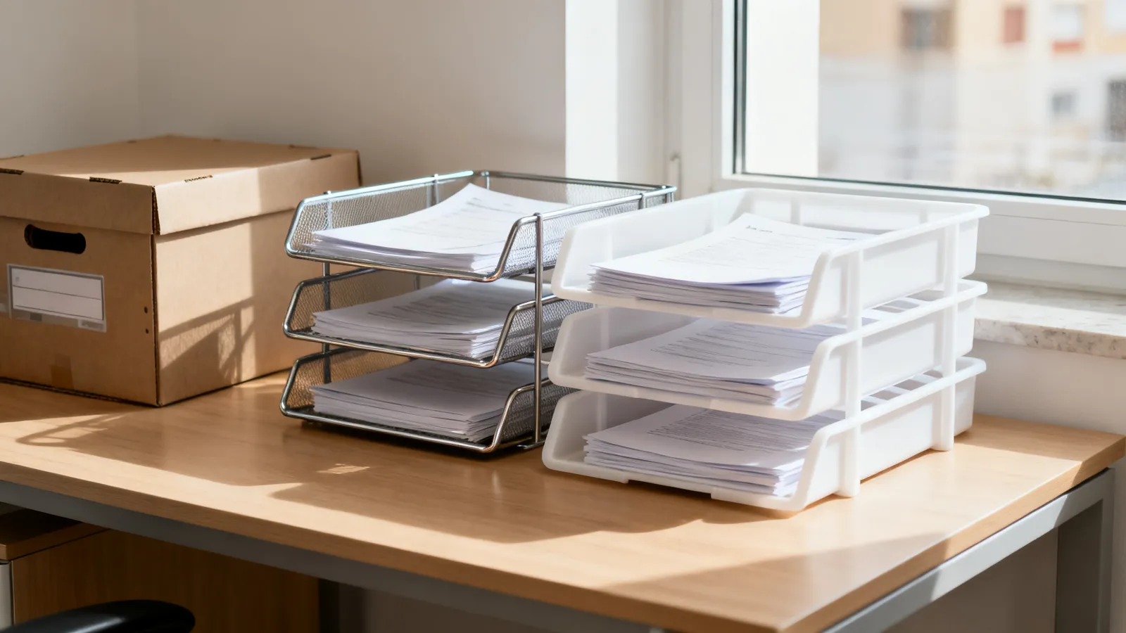 Escritorio de oficina ordenado con bandejas de sobremesa repartiendo documentos y una caja de archivo de cartón