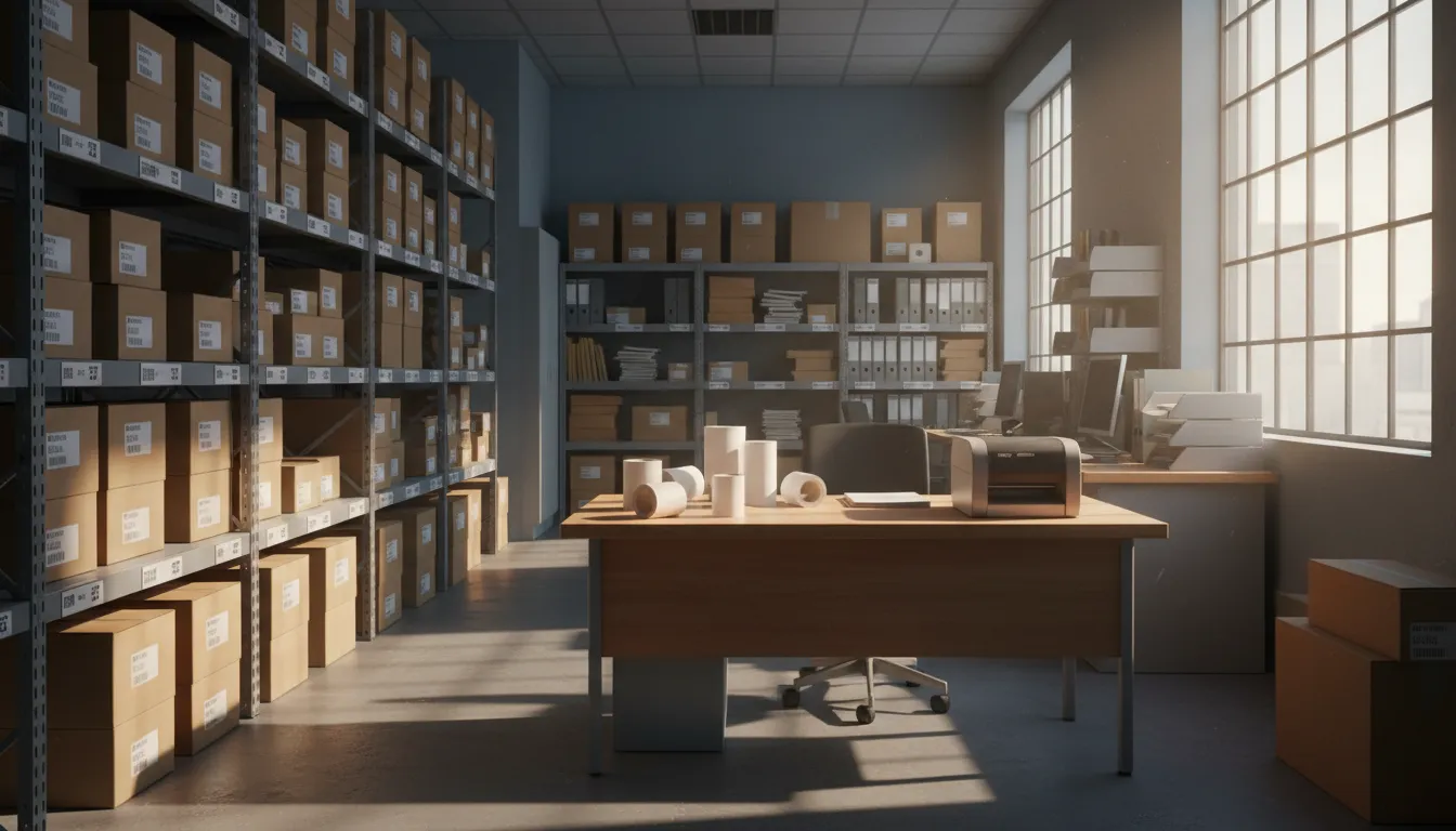 Almacén de oficina organizado con estanterías etiquetadas, rollos de etiquetas y una impresora de etiquetas sobre una mesa de madera, con luz natural.