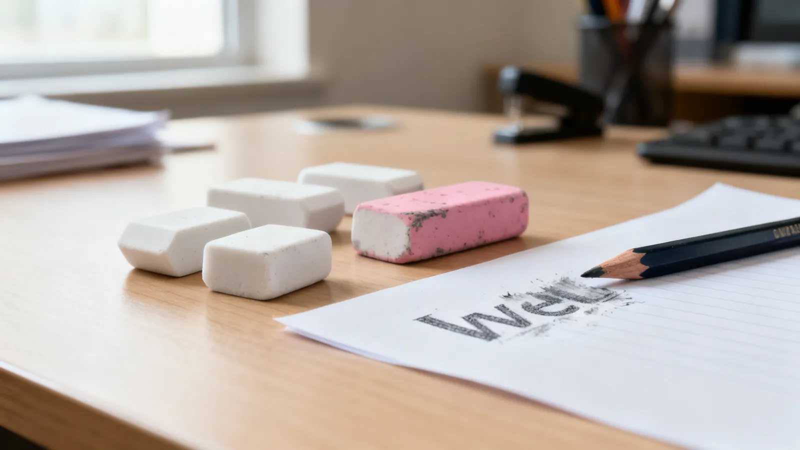 Gomas de borrar blancas y una rosa desgastada sobre una mesa de oficina junto a un lápiz y un folio con una anotación a medio borrar
