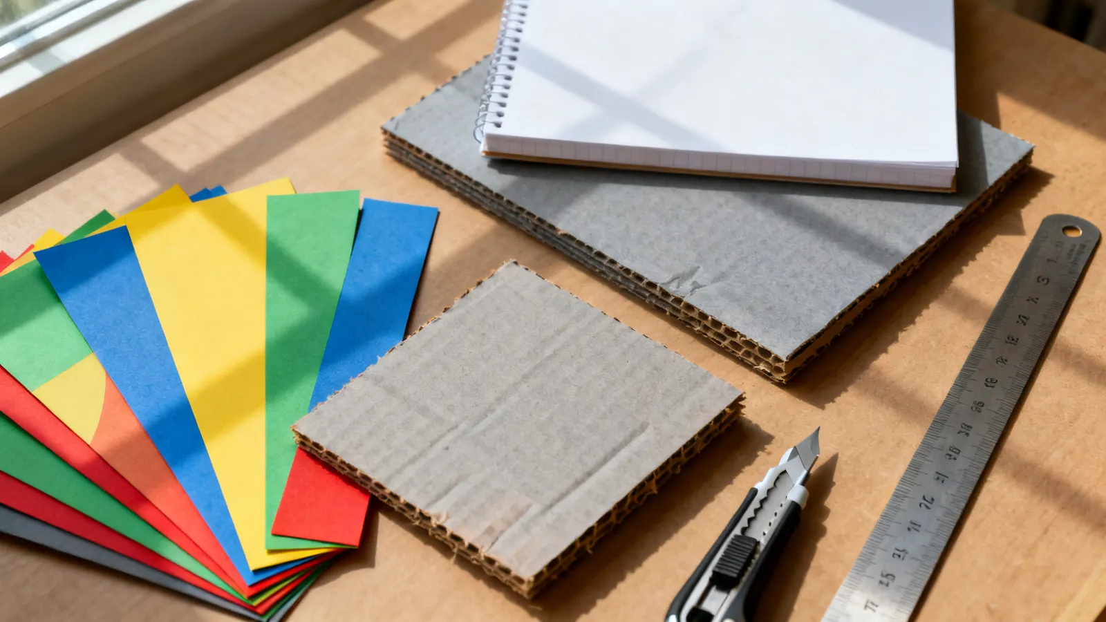 Hojas de cartulina de colores apiladas sobre un escritorio junto a cartón gris, cartón pluma, una regla metálica y un cúter de precisión