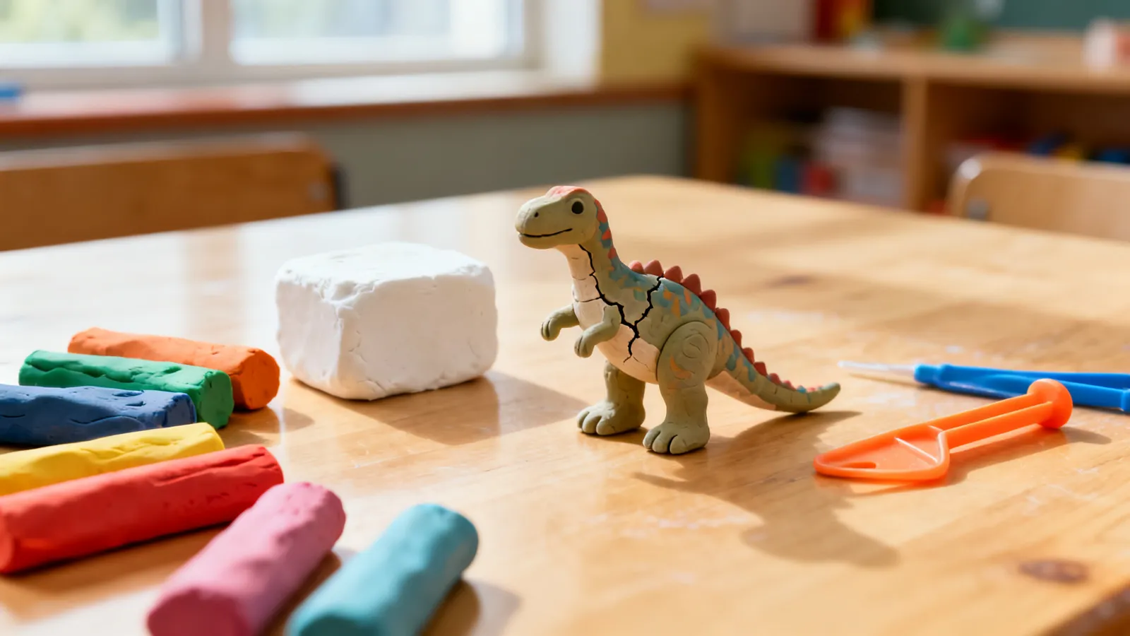 Barras de plastilina de colores, un bloque de pasta de modelar blanca y una figura de dinosaurio con una grieta sobre una mesa de manualidades