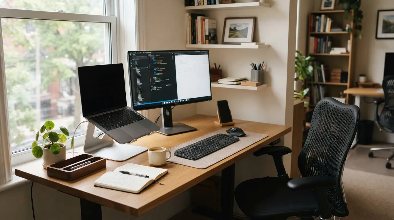 Puesto de trabajo hibrido con portatil elevado, teclado y raton externos, y silla ergonomica en una oficina pequena