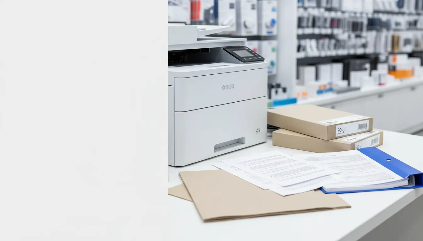 Mesa de oficina con impresora y varios tipos de papel A4 para comparar su gramaje