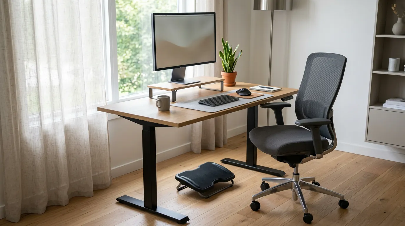 Puesto de oficina ergonomico con silla ajustable con soporte lumbar, monitor a la altura de los ojos sobre mesa de madera, teclado, raton y reposapies, con luz natural de una ventana